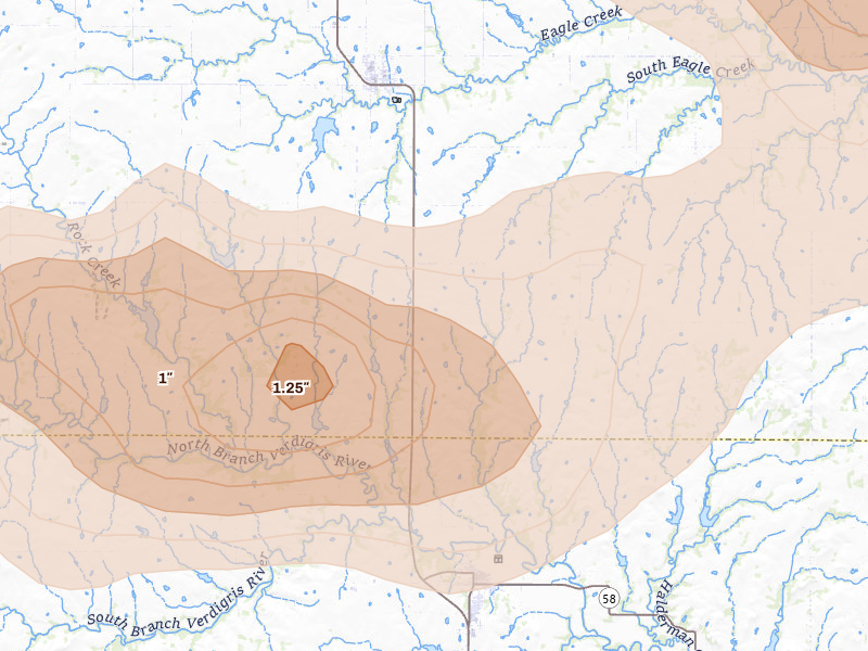 Radar-estimated hail-size map of the storm over Madison, KS on Aug 5, 2026