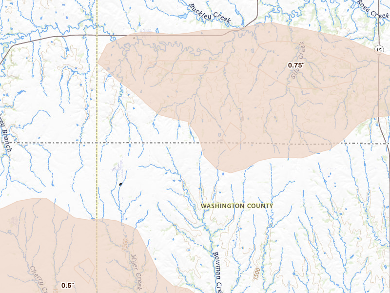 Radar-estimated hail-size map of the storm over Mahaska, KS on Apr 9, 2026
