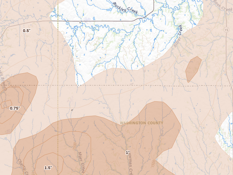 Radar-estimated hail-size map of the storm over Mahaska, KS on May 16, 2026