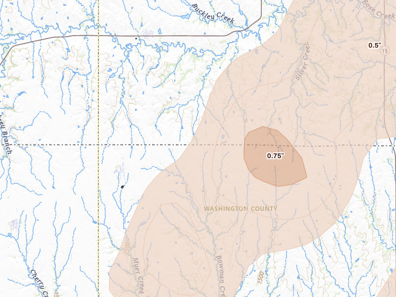 Radar-estimated hail-size map of the storm over Mahaska, KS on May 17, 2026
