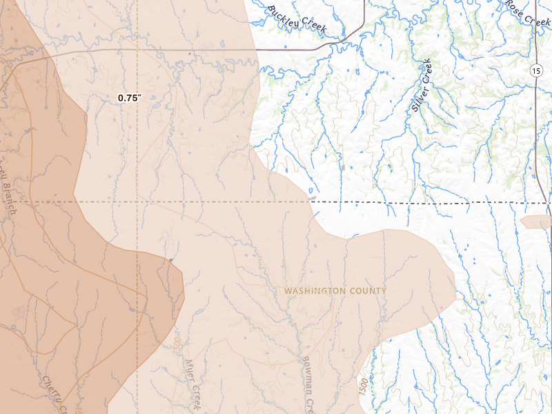 Radar-estimated hail-size map of the storm over Mahaska, KS on Jul 3, 2026