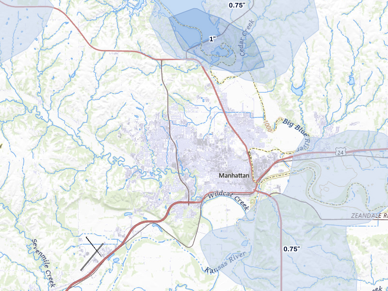 NEXRAD radar-signature map of the hail storm over Manhattan, KS on May 17, 2026