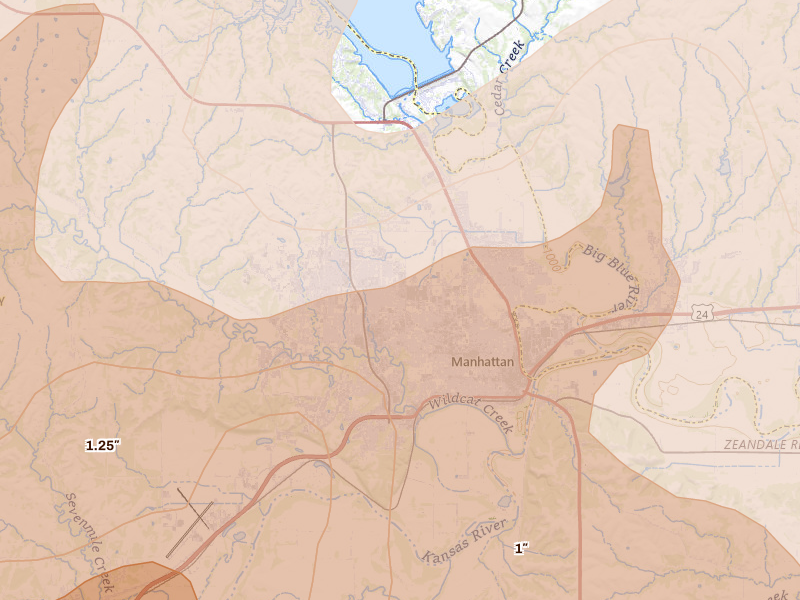 Radar-estimated hail-size map of the storm over Manhattan, KS on May 18, 2026