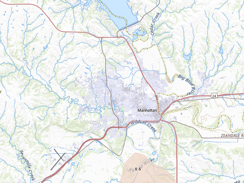 Radar-estimated hail-size map of the storm over Manhattan, KS on May 30, 2026