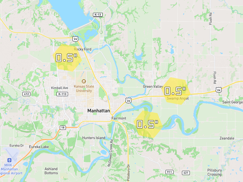Hail map of Manhattan, KS on Jun 5, 2026, hail up to 0.5"