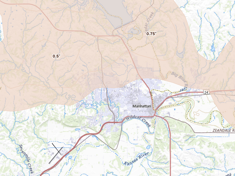 Radar-estimated hail-size map of the storm over Manhattan, KS on Jun 8, 2026