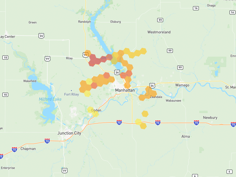 Hail map of Manhattan, KS on Jun 9, 2026, hail up to 2.25"