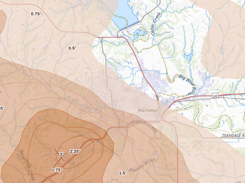 Radar-estimated hail-size map of the storm over Manhattan, KS