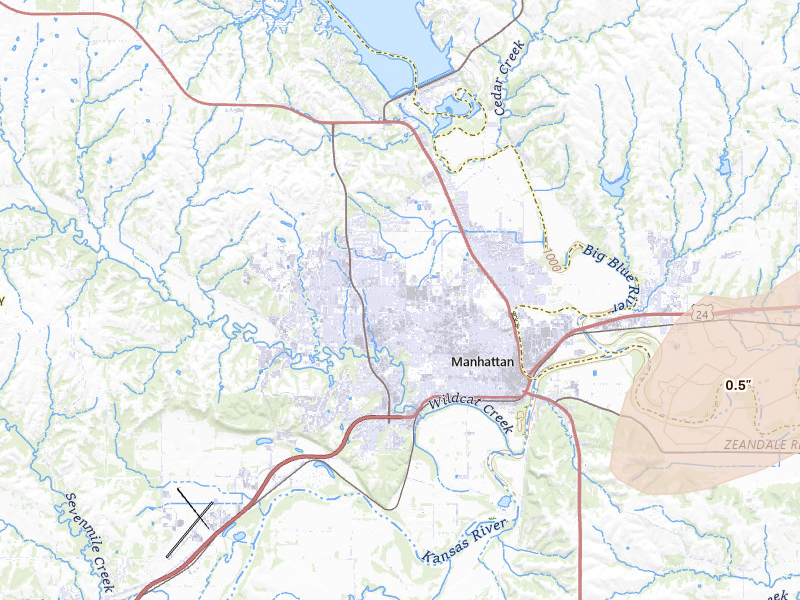 Radar-estimated hail-size map of the storm over Manhattan, KS on Jul 3, 2026