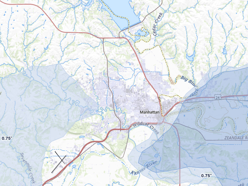 NEXRAD radar-signature map of the hail storm over Manhattan, KS on Jul 3, 2026