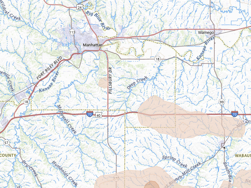 Radar-estimated hail-size map of the storm over Manhattan, KS on Aug 5, 2026