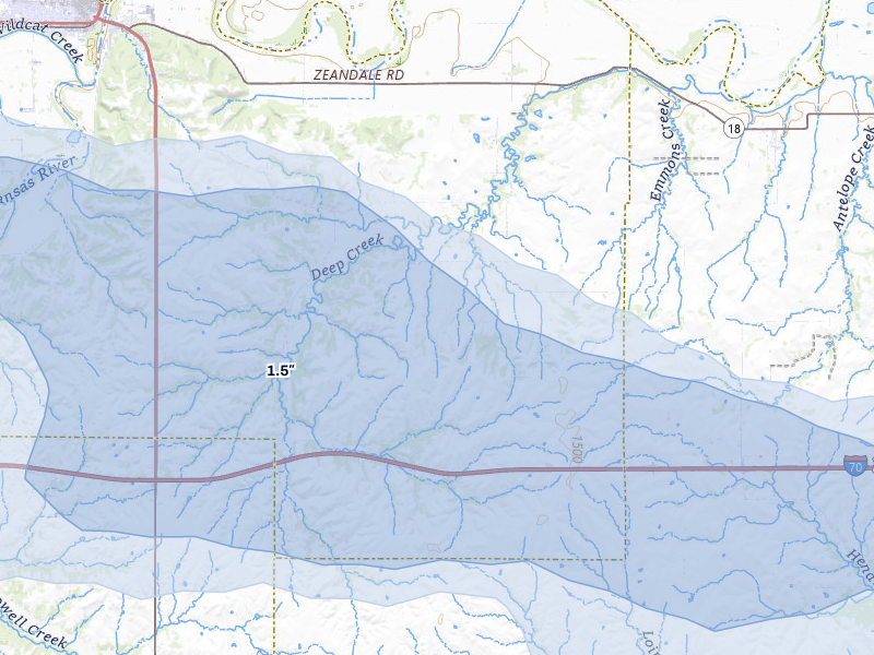 NEXRAD radar-signature map of the hail storm over Manhattan, KS on Aug 5, 2026