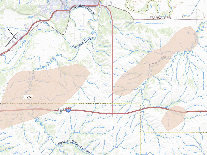 Radar-estimated hail-size map of the storm over Manhattan, KS on Aug 14, 2026