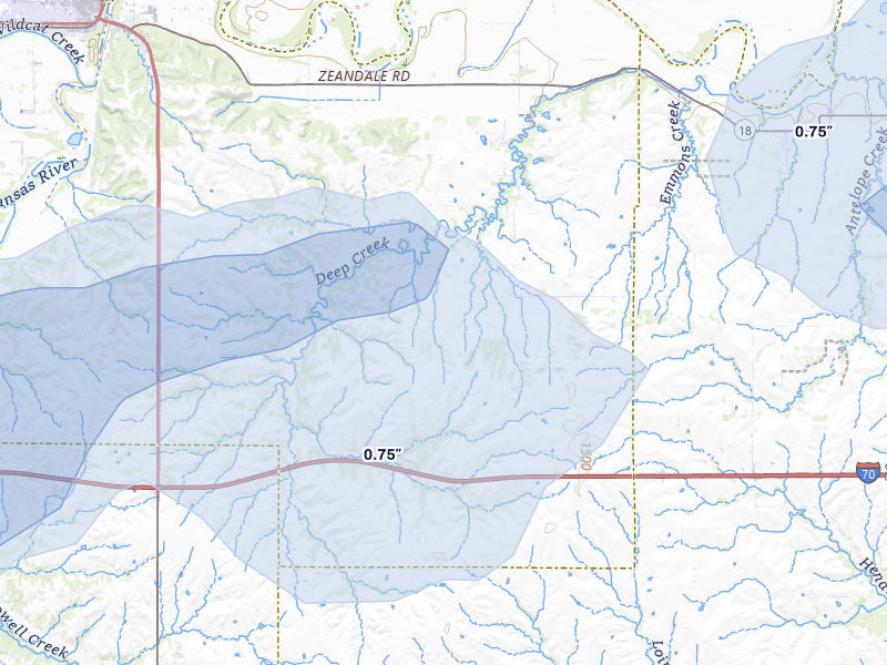 NEXRAD radar-signature map of the hail storm over Manhattan, KS on Aug 14, 2026