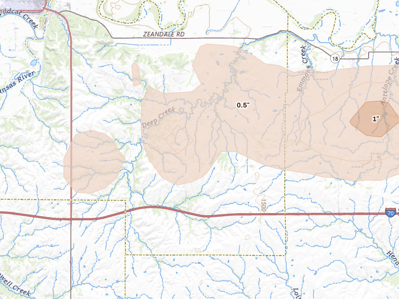 Radar-estimated hail-size map of the storm over Manhattan, KS on Aug 18, 2026