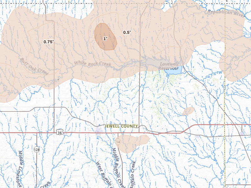 Radar-estimated hail-size map of the storm over Mankato, KS on May 16, 2026