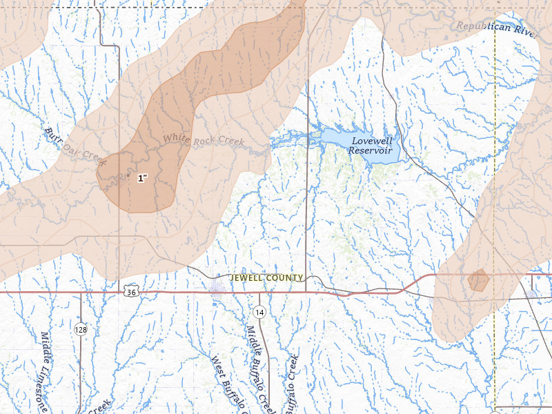 Radar-estimated hail-size map of the storm over Mankato, KS on May 17, 2026