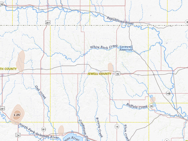 Radar-estimated hail-size map of the storm over Mankato, KS on Jun 3, 2026