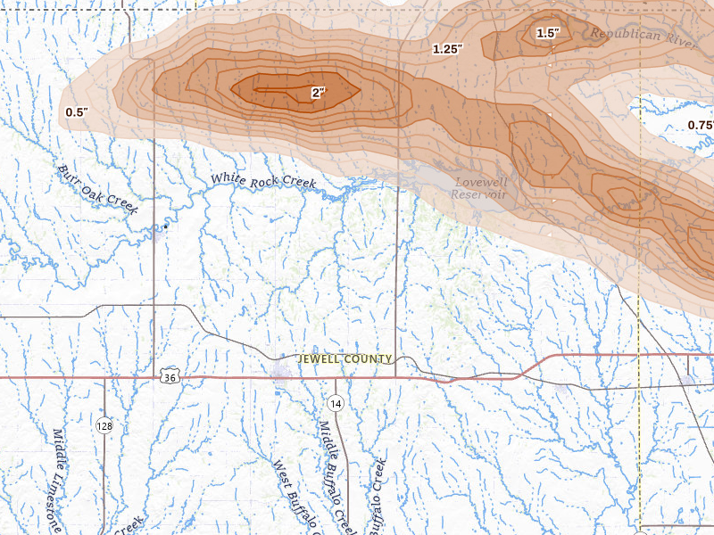 Radar-estimated hail-size map of the storm over Mankato, KS