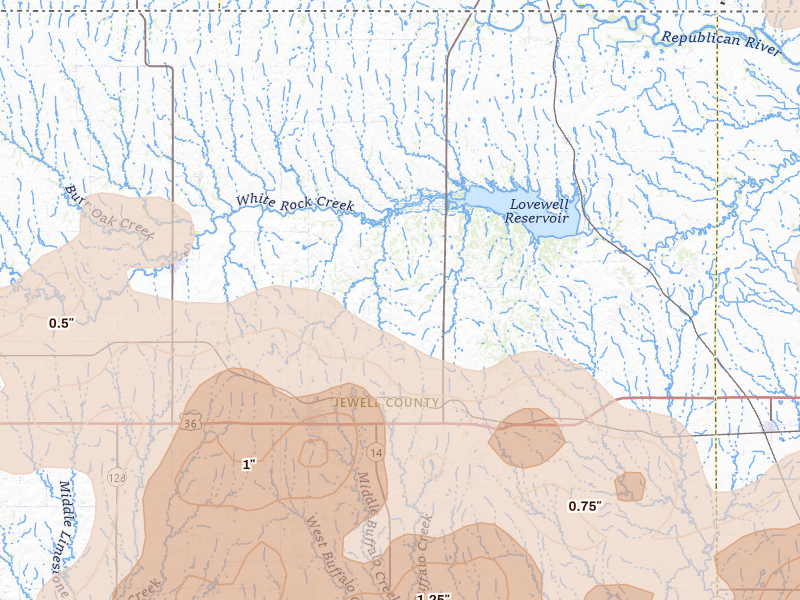 Radar-estimated hail-size map of the storm over Mankato, KS on Jul 3, 2026