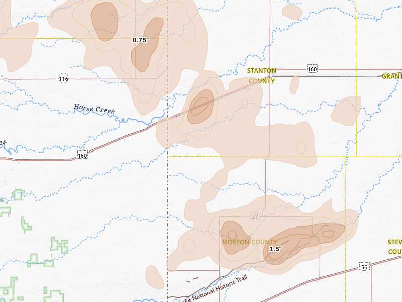 Radar-estimated hail-size map of the storm over Manter, KS on Jun 1, 2026