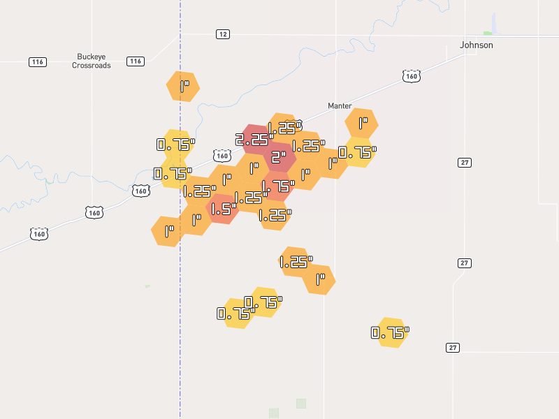 Hail map of Manter, KS on Jun 1, 2026, hail up to 2.25"