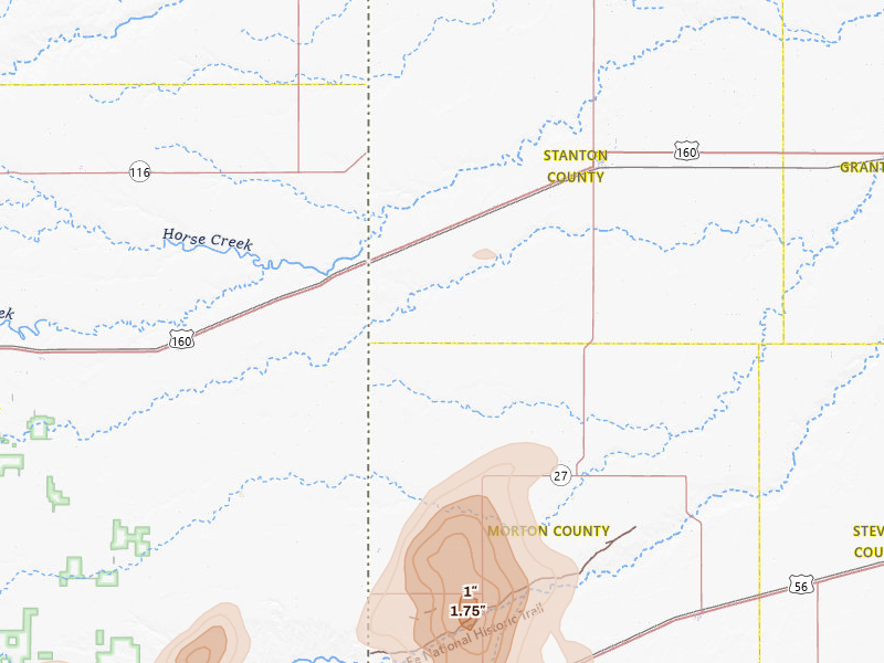 Radar-estimated hail-size map of the storm over Manter, KS on Jun 12, 2026