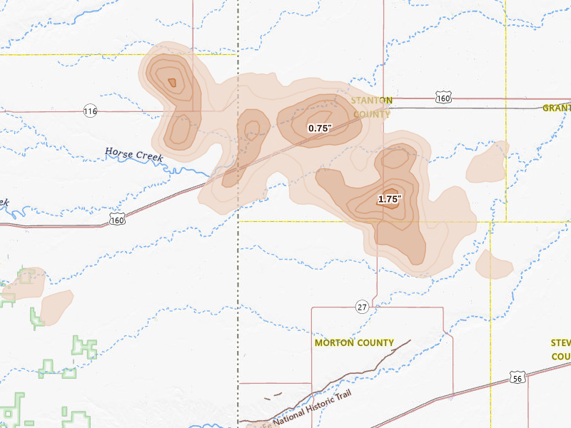 Radar-estimated hail-size map of the storm over Manter, KS