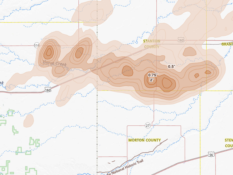 Radar-estimated hail-size map of the storm over Manter, KS on Jul 2, 2026