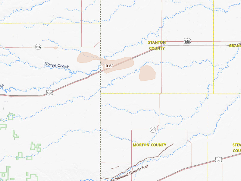 Radar-estimated hail-size map of the storm over Manter, KS on Jul 30, 2026