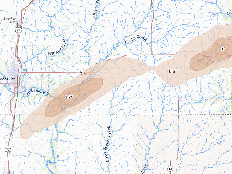 Radar-estimated hail-size map of the storm over Maple City, KS on Apr 3, 2026