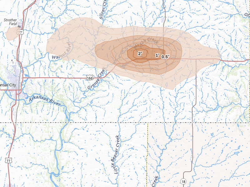 Radar-estimated hail-size map of the storm over Maple City, KS on May 4, 2026