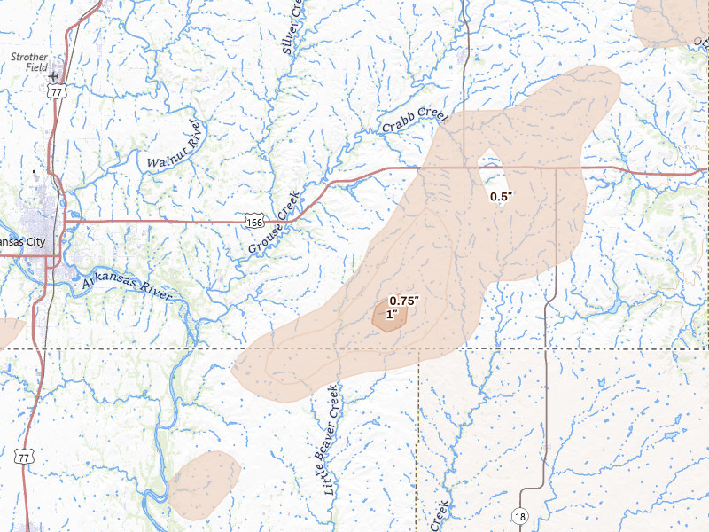 Radar-estimated hail-size map of the storm over Maple City, KS on Jun 26, 2026