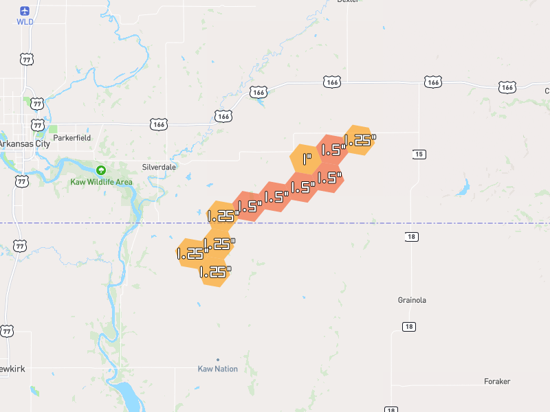 Hail map of Maple City, KS on Jun 27, 2026, hail up to 1.5"