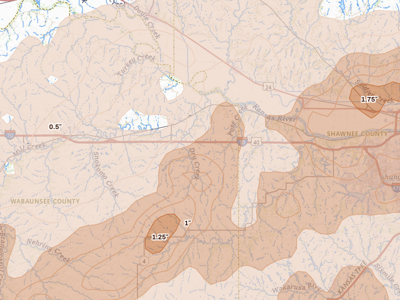 Radar-estimated hail-size map of the storm over Maple Hill, KS on Apr 26, 2026