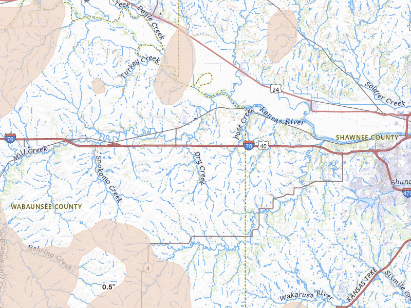 Radar-estimated hail-size map of the storm over Maple Hill, KS on May 18, 2026