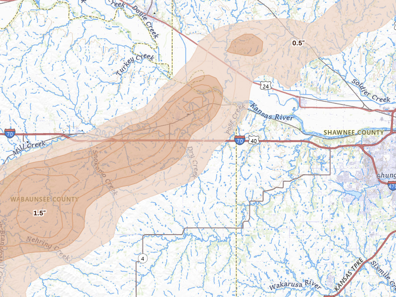 Radar-estimated hail-size map of the storm over Maple Hill, KS on May 31, 2026