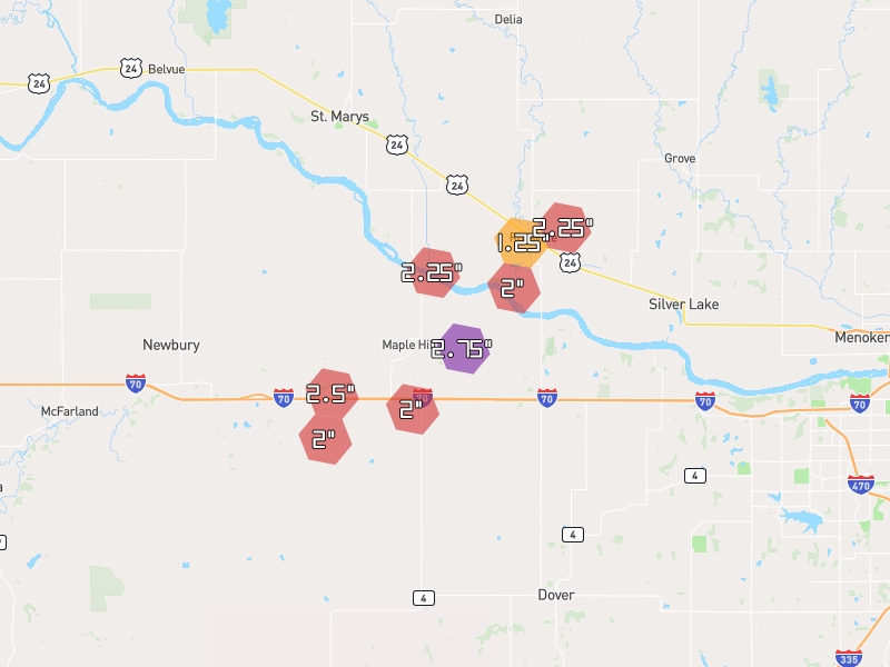 Hail map of Maple Hill, KS on Jun 1, 2026, hail up to 2.75"