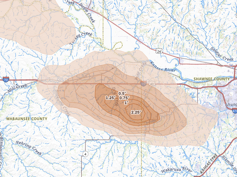 Radar-estimated hail-size map of the storm over Maple Hill, KS on Jun 10, 2026