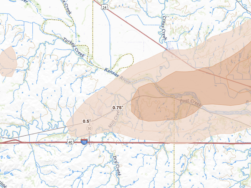 Radar-estimated hail-size map of the storm over Maple Hill, KS on Aug 14, 2026