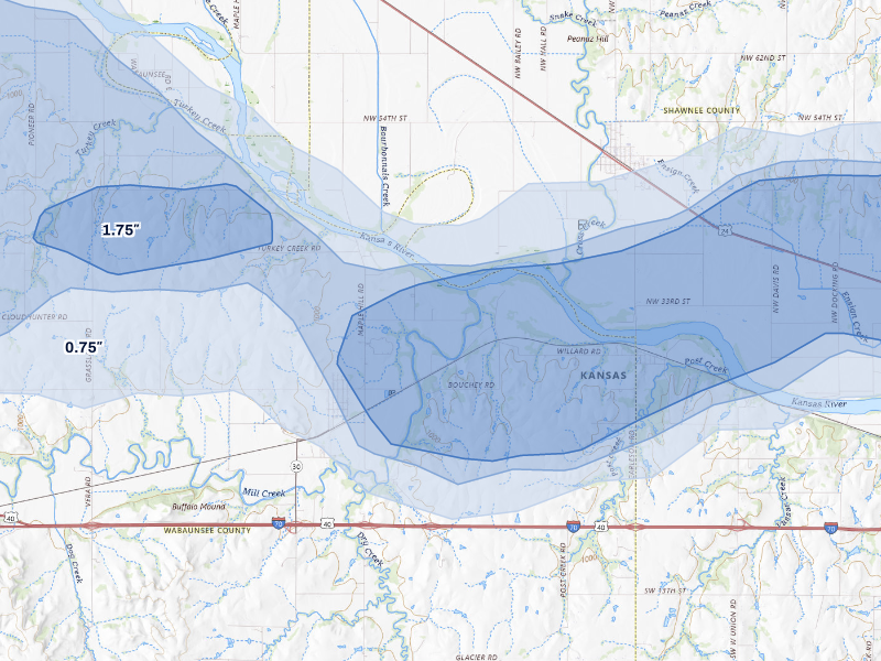 NEXRAD radar-signature map of the hail storm over Maple Hill, KS on Aug 14, 2026