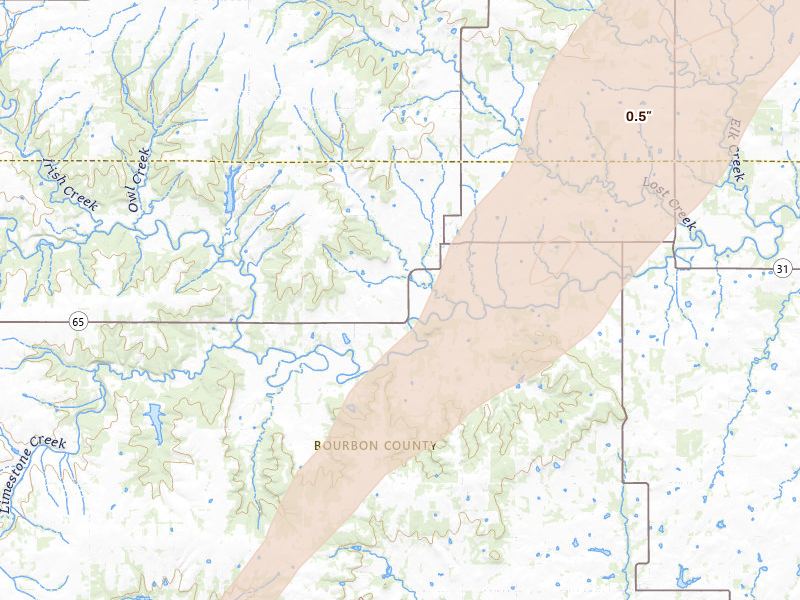 Radar-estimated hail-size map of the storm over Mapleton, KS on Apr 15, 2026