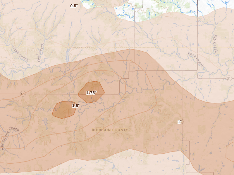 Radar-estimated hail-size map of the storm over Mapleton, KS on Apr 26, 2026