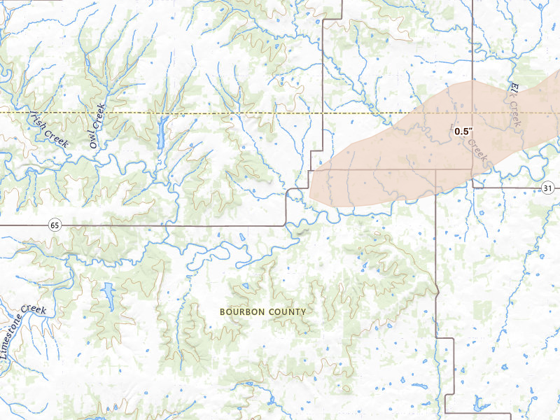 Radar-estimated hail-size map of the storm over Mapleton, KS on Apr 27, 2026