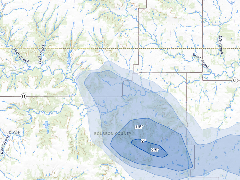 NEXRAD radar-signature map of the hail storm over Mapleton, KS on May 29, 2026