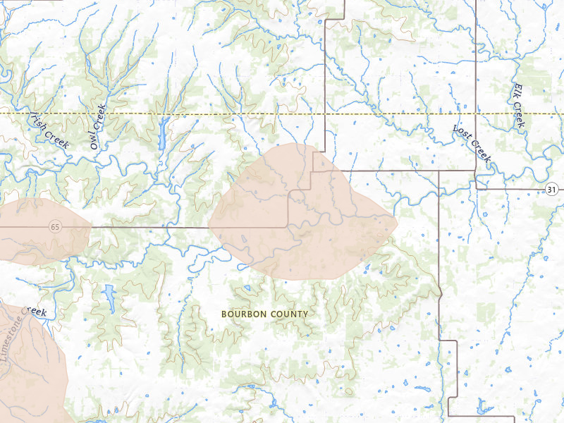 Radar-estimated hail-size map of the storm over Mapleton, KS on May 31, 2026