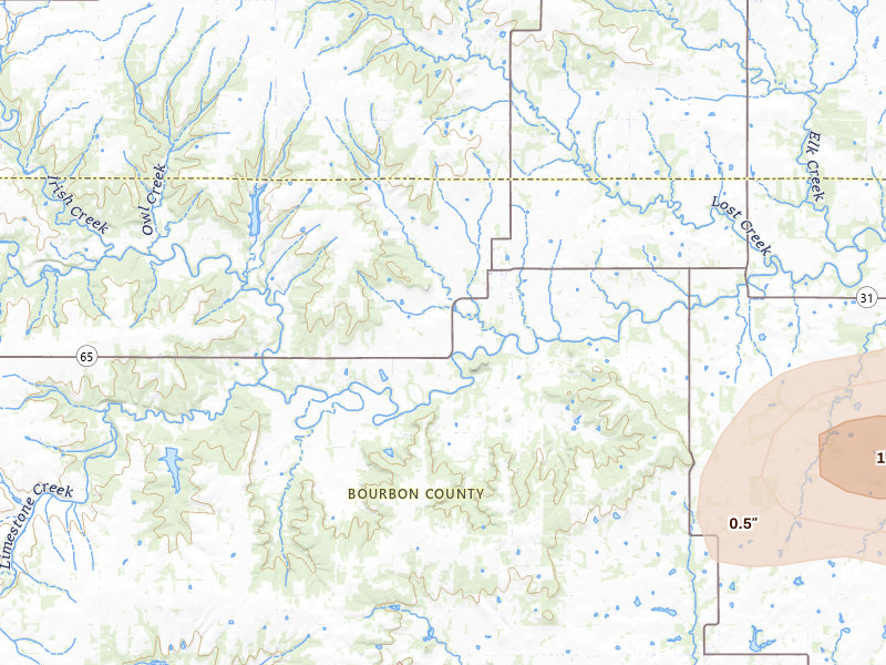 Radar-estimated hail-size map of the storm over Mapleton, KS on Jul 4, 2026