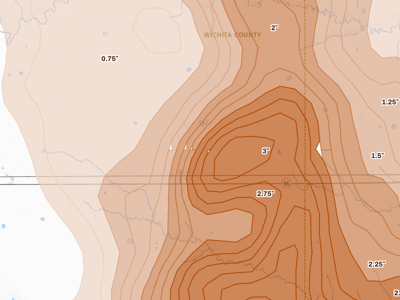 Radar-estimated hail-size map of the storm over Marienthal, KS on Jun 20, 2026