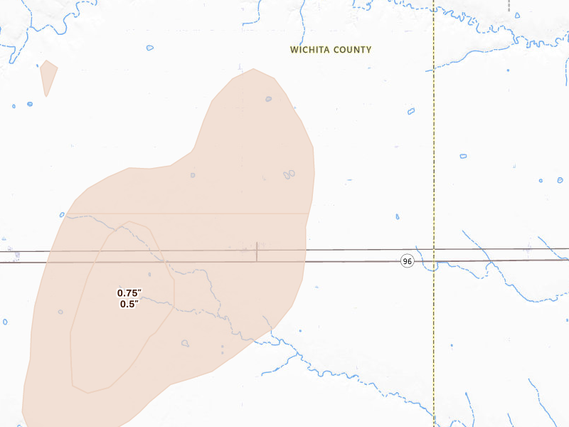 Radar-estimated hail-size map of the storm over Marienthal, KS on Jul 1, 2026