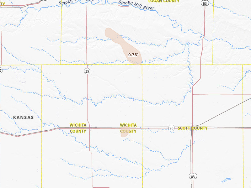 Radar-estimated hail-size map of the storm over Marienthal, KS on Aug 27, 2026
